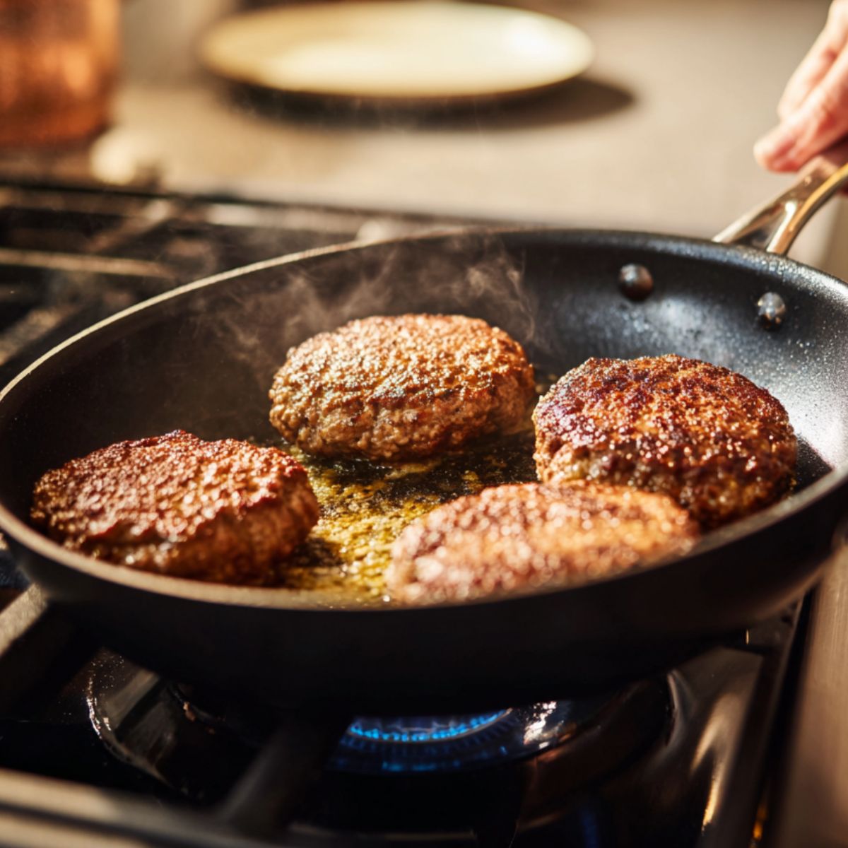 This image shows uncooked Salisbury steak patties frying in a pan with some oil or butter. They are sizzling and developing a nice brown crust, which adds to the flavor.
