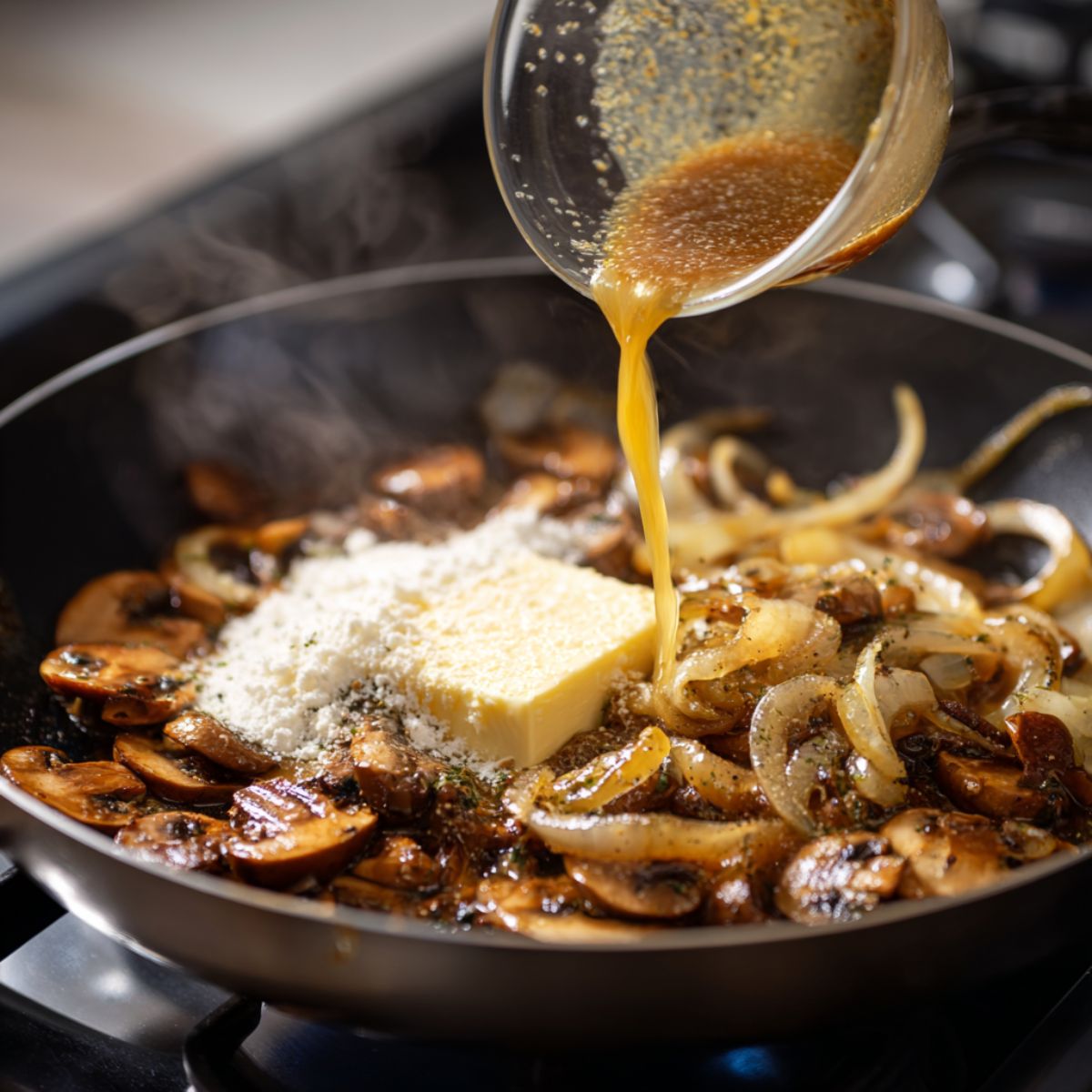 In this photo, mushrooms and onions are cooking in a pan with a mix of butter, spices, and some kind of sauce being poured in. The ingredients are well