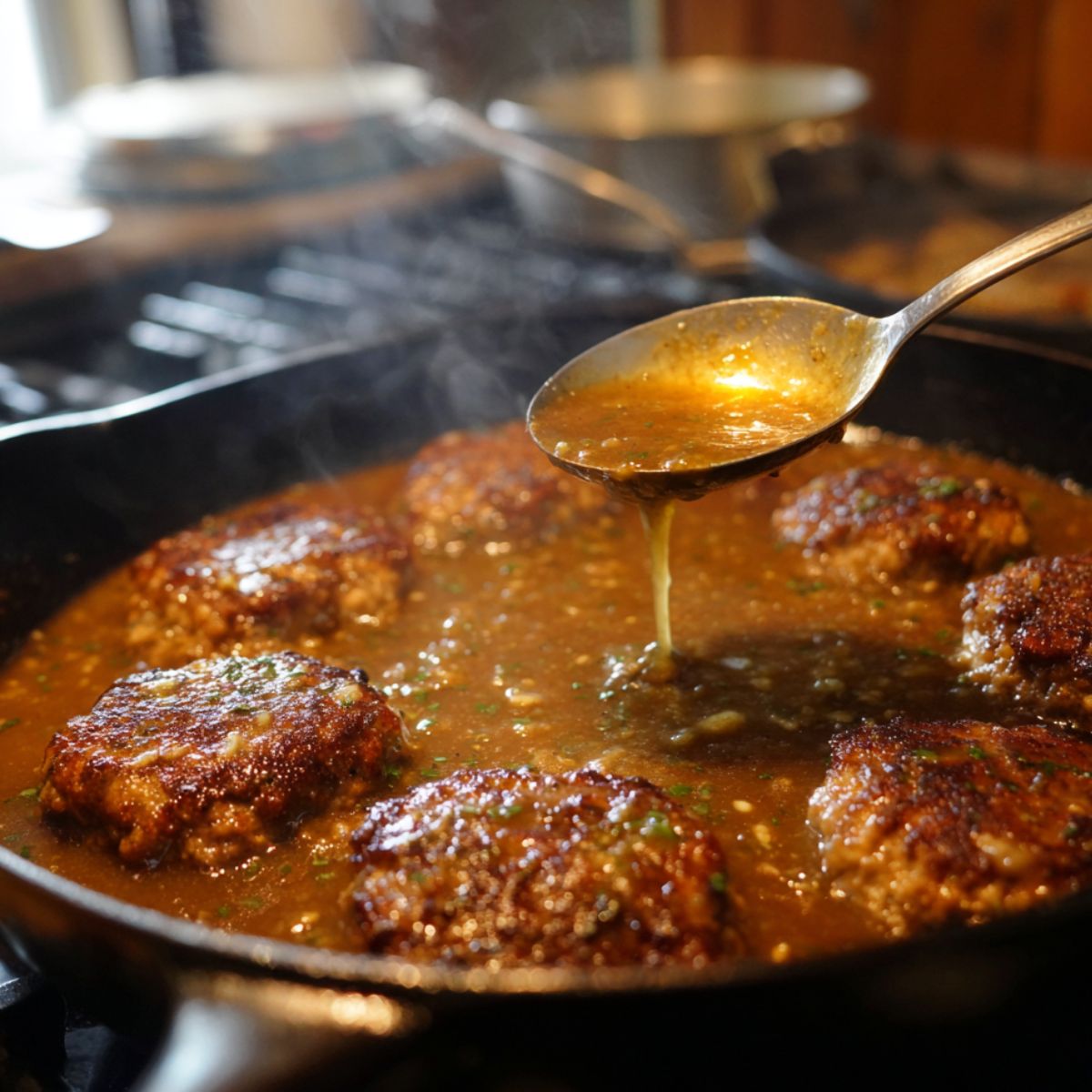 This shows Salisbury steaks cooking in a skillet, with a rich brown gravy being spooned over them. The steam rising from the pan adds to the comforting atmosphere of the dish being prepared.