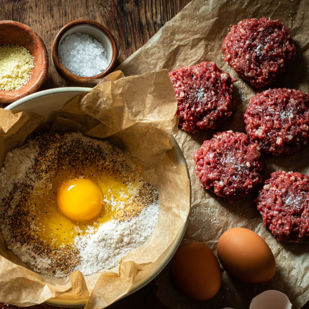 In this picture, raw ingredients for Salisbury steak are laid out: a bowl of seasoned flour, an egg, and raw ground beef patties ready to be shaped. The setup indicates the preparation of the dish before cooking.