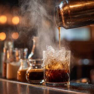 Barista pouring hot espresso from a metal shaker into a glass filled with ice, steam rising from the freshly brewed coffee in a dimly lit bar.