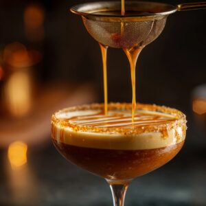 Golden caramel sauce being strained and poured over a freshly made espresso martini in a cocktail glass, creating elegant caramel drizzle on top.