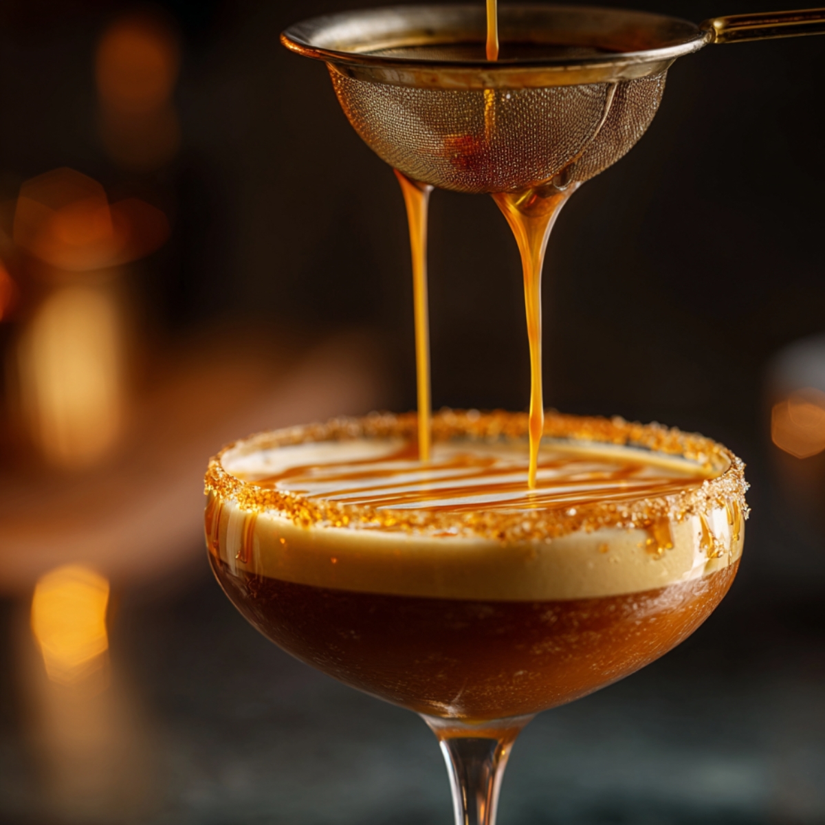 Golden caramel sauce being strained and poured over a freshly made espresso martini in a cocktail glass, creating elegant caramel drizzle on top.