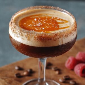 Close-up of a salted caramel espresso martini in a coupe glass with a sugared rim, creamy foam top, and a swirl of caramel sauce, garnished with sea salt.