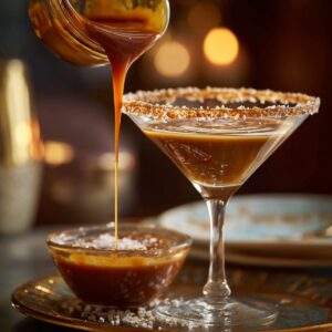 Close-up of a martini glass being rimmed with caramel and coarse sea salt before filling, set against a warm, ambient background.