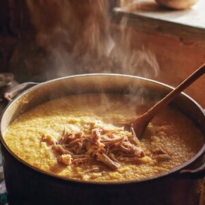 Large pot of creamy cornmeal and shredded pork mixture simmering on a stove, releasing steam in a cozy kitchen environment.