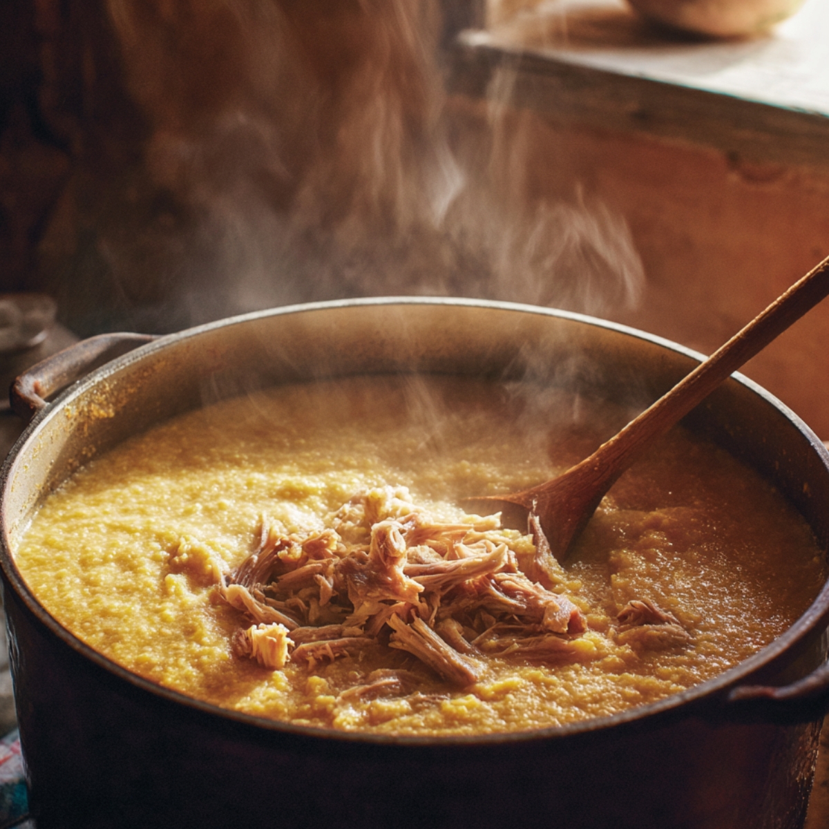 Large pot of creamy cornmeal and shredded pork mixture simmering on a stove, releasing steam in a cozy kitchen environment.