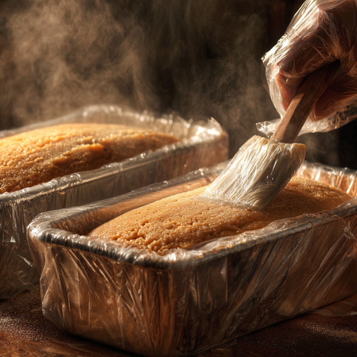 Two loaf pans filled with freshly cooked scrapple mixture being smoothed with a spatula, with steam rising in a rustic kitchen setting.