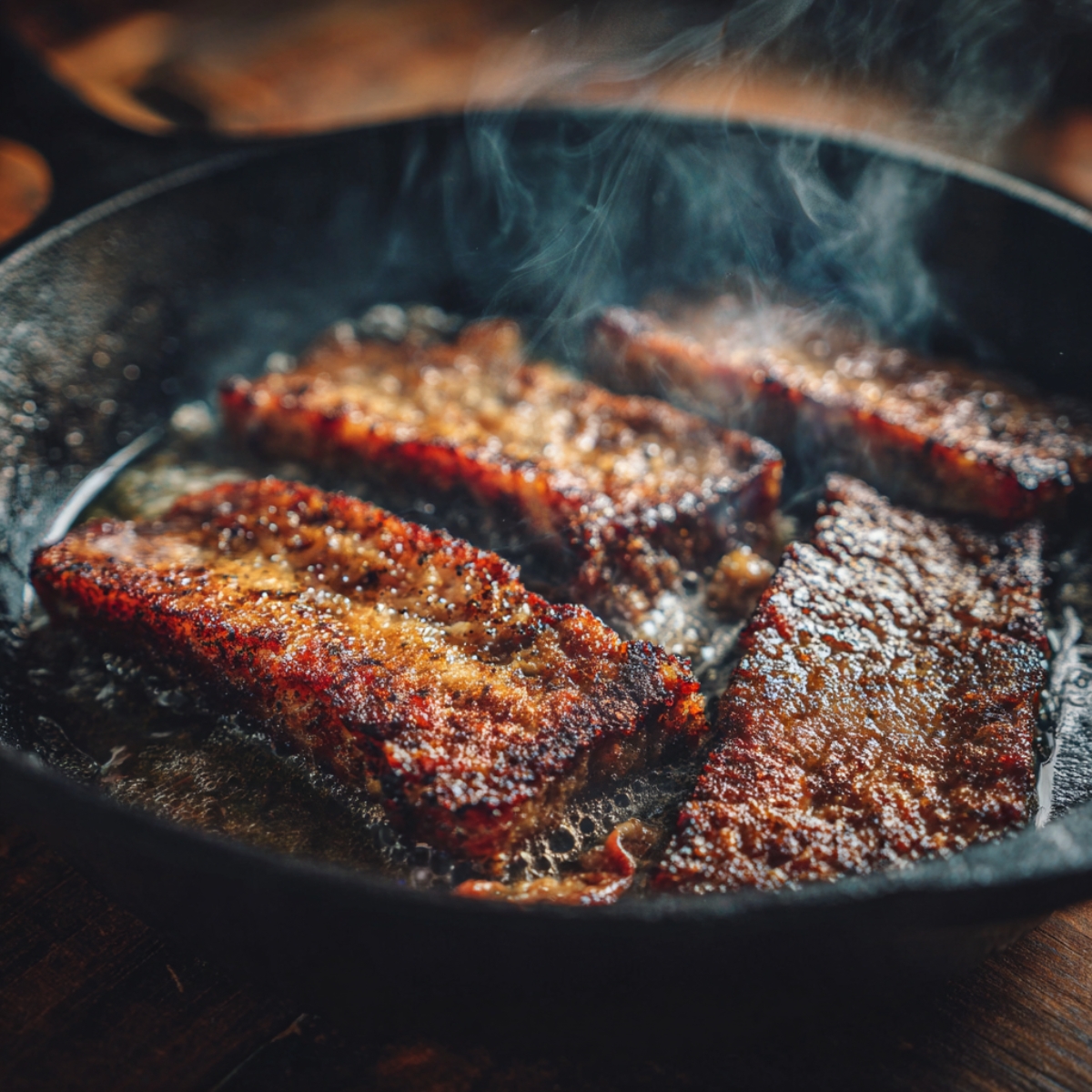 Crispy golden-brown slices of scrapple sizzling in a cast-iron skillet with steam rising, showing a crunchy exterior and caramelized edges.