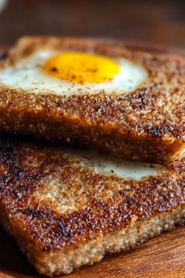 Two square slices of scrapple cooked with eggs in the center, stacked on a wooden plate with a golden-brown crust.