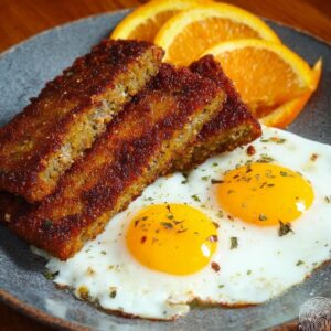 Crispy pan-fried scrapple slices served with two sunny-side-up eggs and orange slices on a ceramic plate for a hearty breakfast.