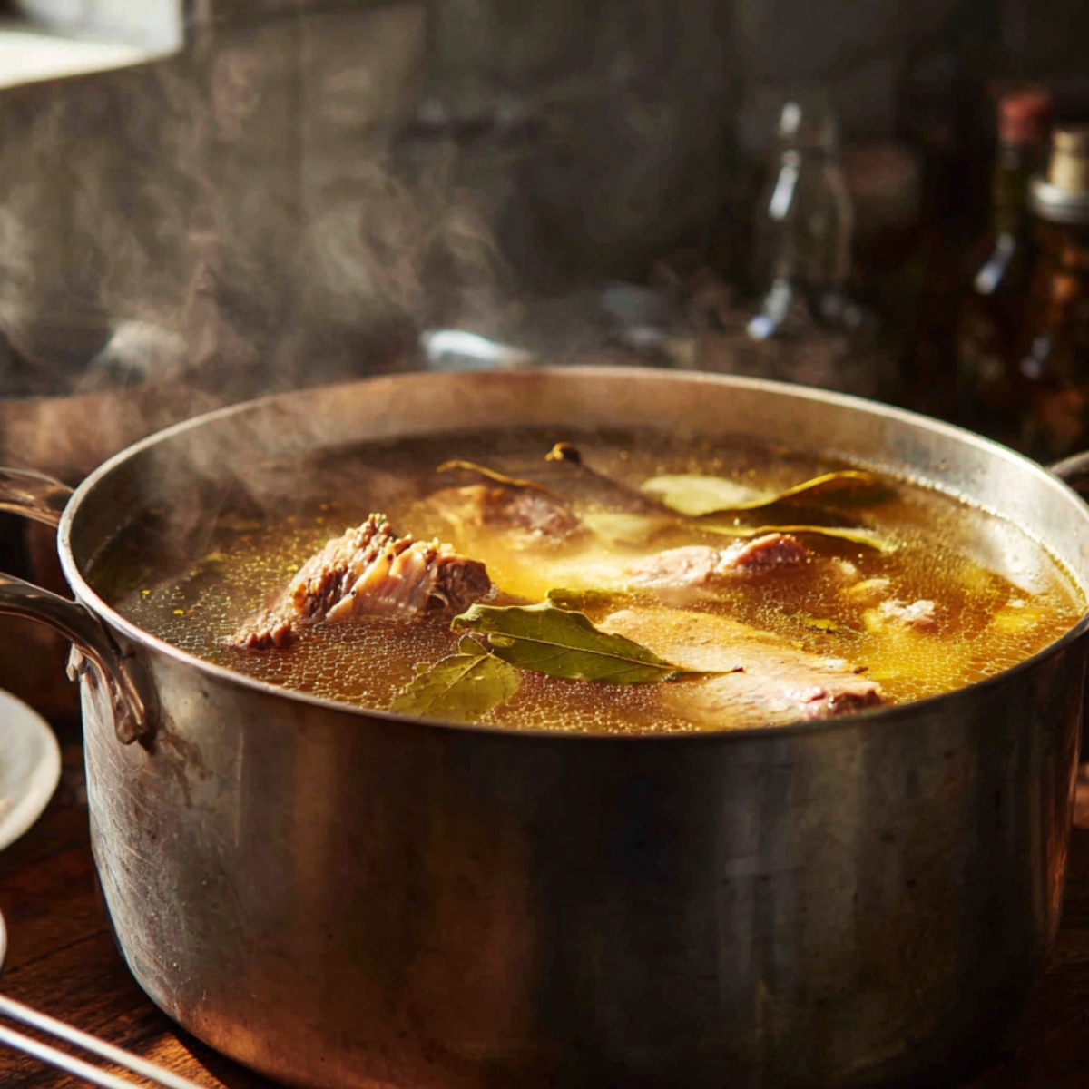Stockpot filled with simmering pork bones, bay leaves, and broth, producing steam and a rich golden stock base for homemade scrapple.