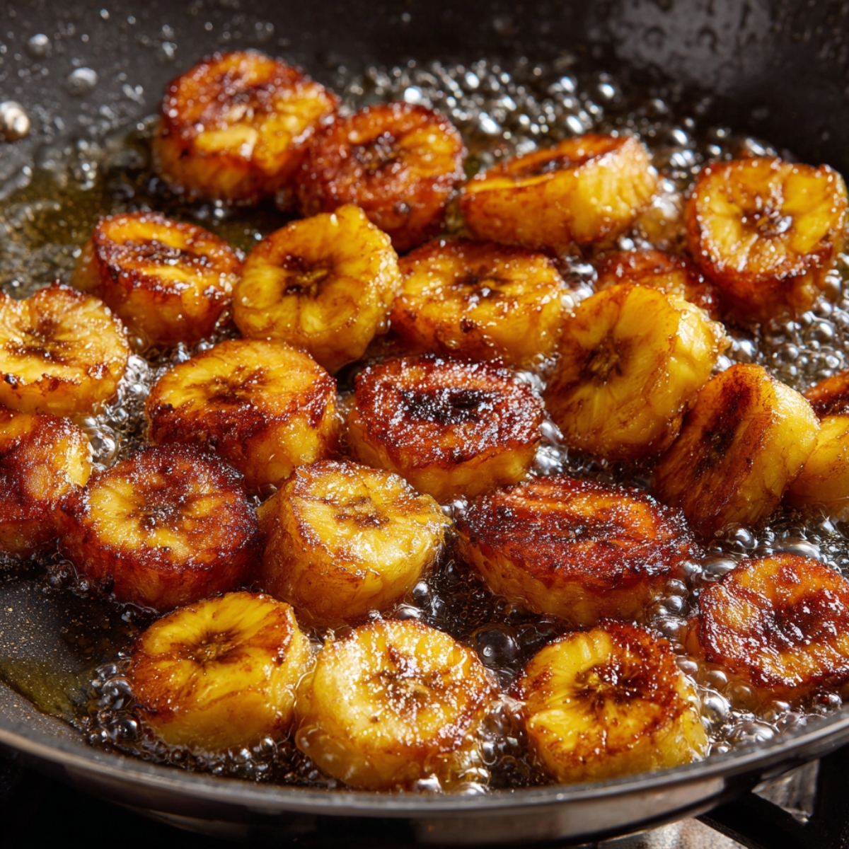 Fourth image: Plantains frying in a pan, turning a deep golden brown as they cook.