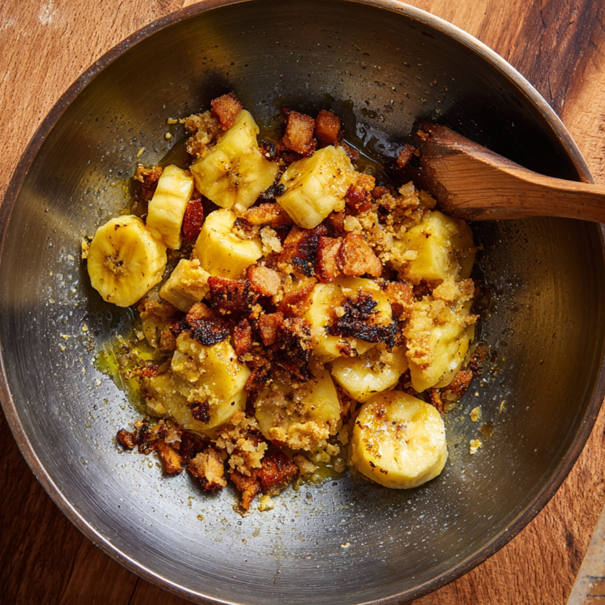 Sliced bananas, being sautéed with some bread or crouton pieces, creating a golden, crispy mixture.