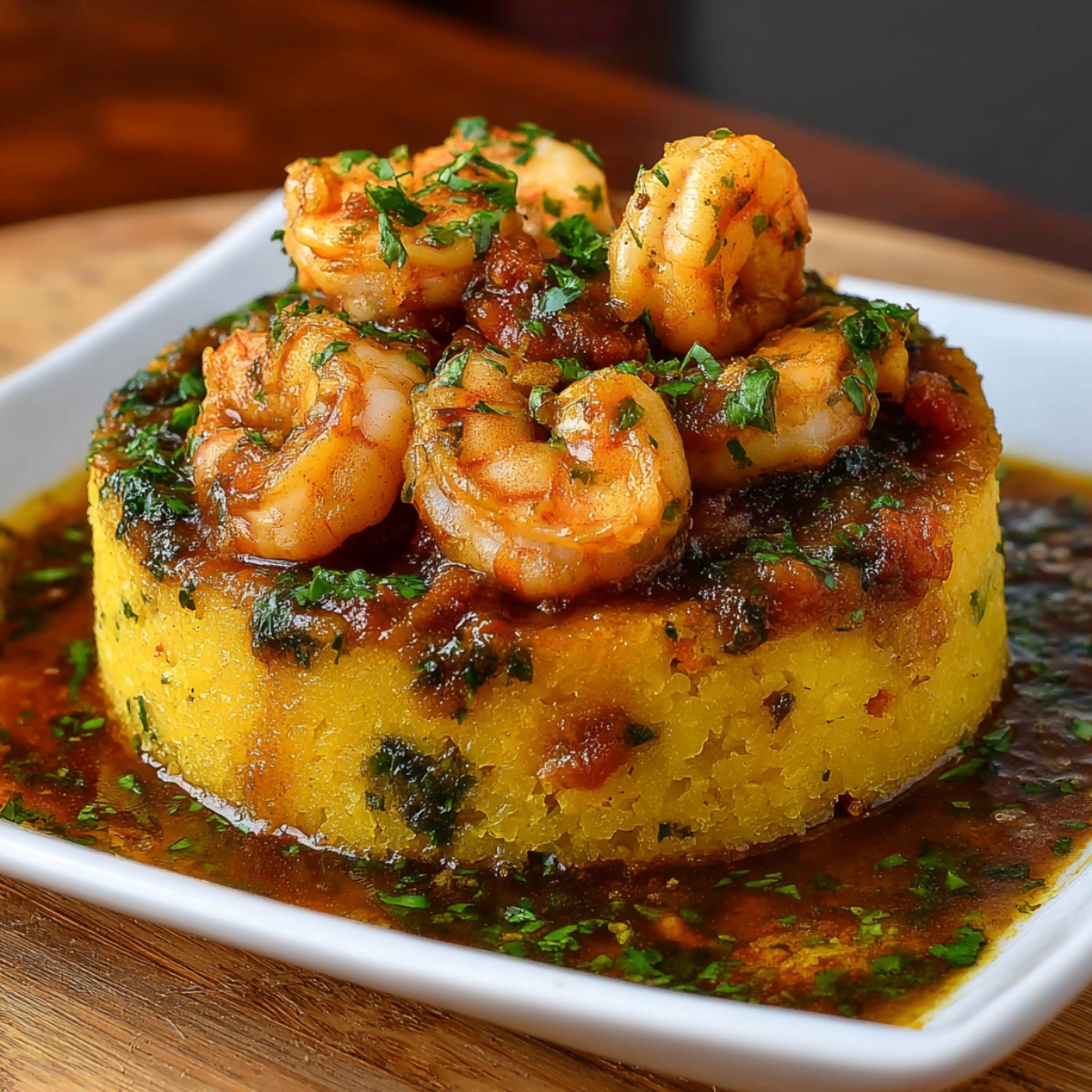 A dish featuring a polenta-like base with shrimp on top, garnished with parsley and a flavorful sauce.