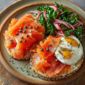 Open-faced smoked salmon toasts garnished with capers and fresh dill, served with sautéed greens, pickled onions, and a sunny-side-up egg.