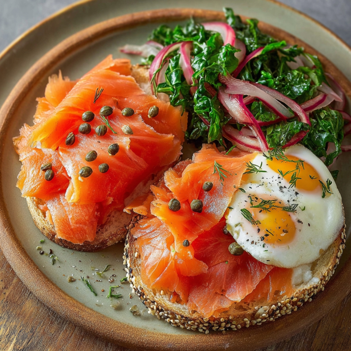 Open-faced smoked salmon toasts garnished with capers and fresh dill, served with sautéed greens, pickled onions, and a sunny-side-up egg.