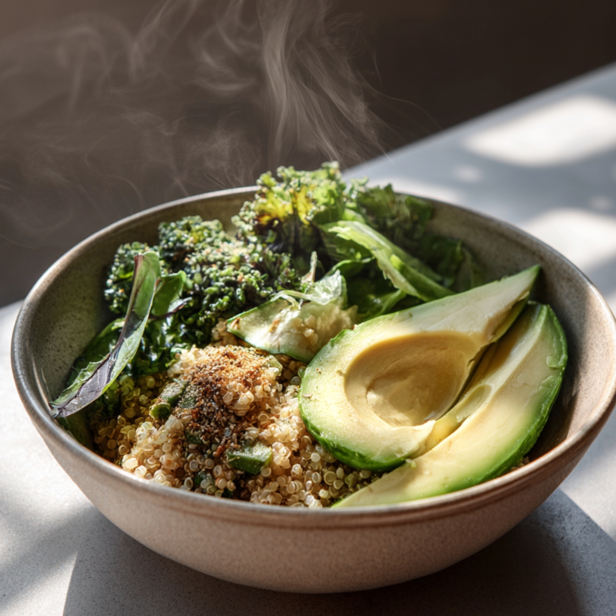 Steaming bowl of quinoa with sliced avocado, sautéed greens, and sprinkled herbs, served in natural light on a minimalist table.