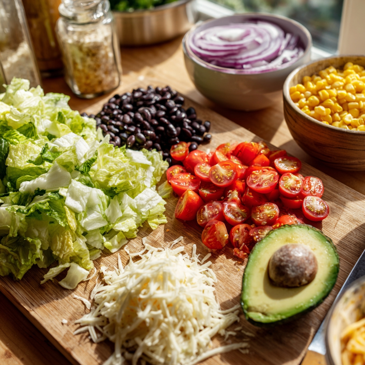 Fresh salad ingredients neatly arranged on a wooden cutting board, including chopped romaine lettuce, black beans, halved cherry tomatoes, shredded cheese, corn kernels, sliced red onions, and half an avocado.
