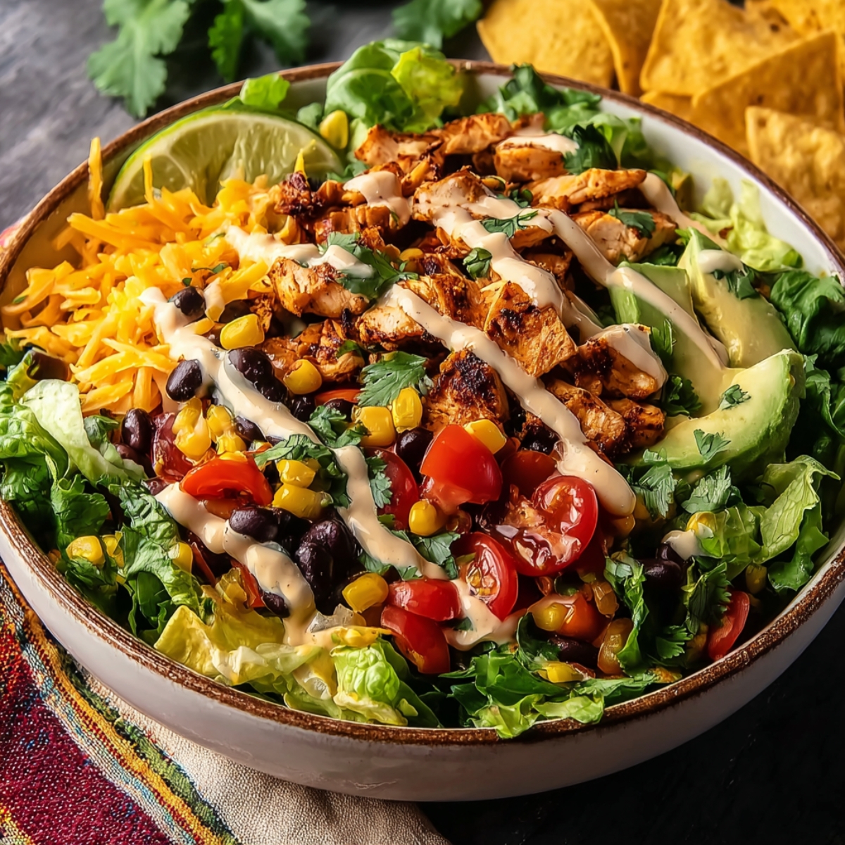 A vibrant Southwest-style Spicy Southwest Salad topped with grilled chicken slices, drizzled with creamy dressing. The salad includes black beans, corn, cherry tomatoes, avocado chunks, romaine lettuce, and crispy tortilla strips, all arranged on a ceramic plate.