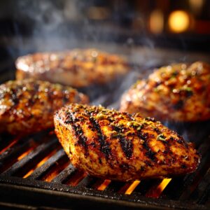 Juicy grilled chicken breasts cooking on a barbecue grill, with visible grill marks and a golden-brown, seasoned crust, surrounded by smoke and glowing heat.