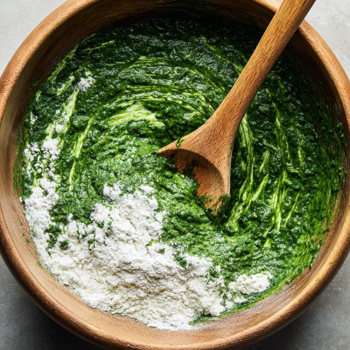 Pour the wet mixture into the dry ingredients. Fold gently with a spatula until just combined, being careful not to overmix. The batter should be thick and dark green