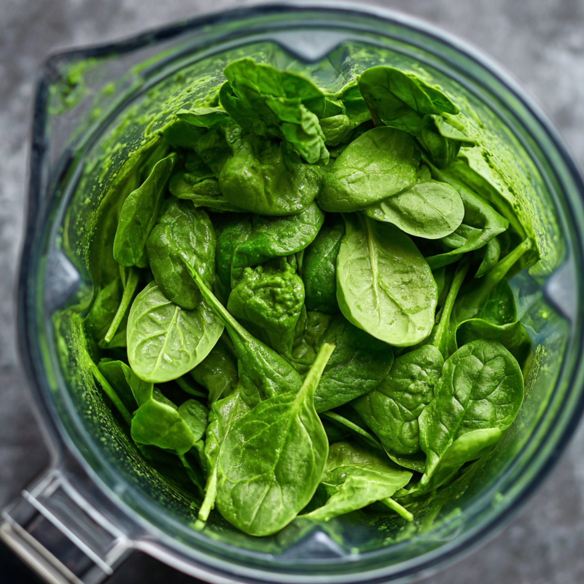 Fresh baby spinach leaves packed into a blender to make a nutrient-rich spinach puree.