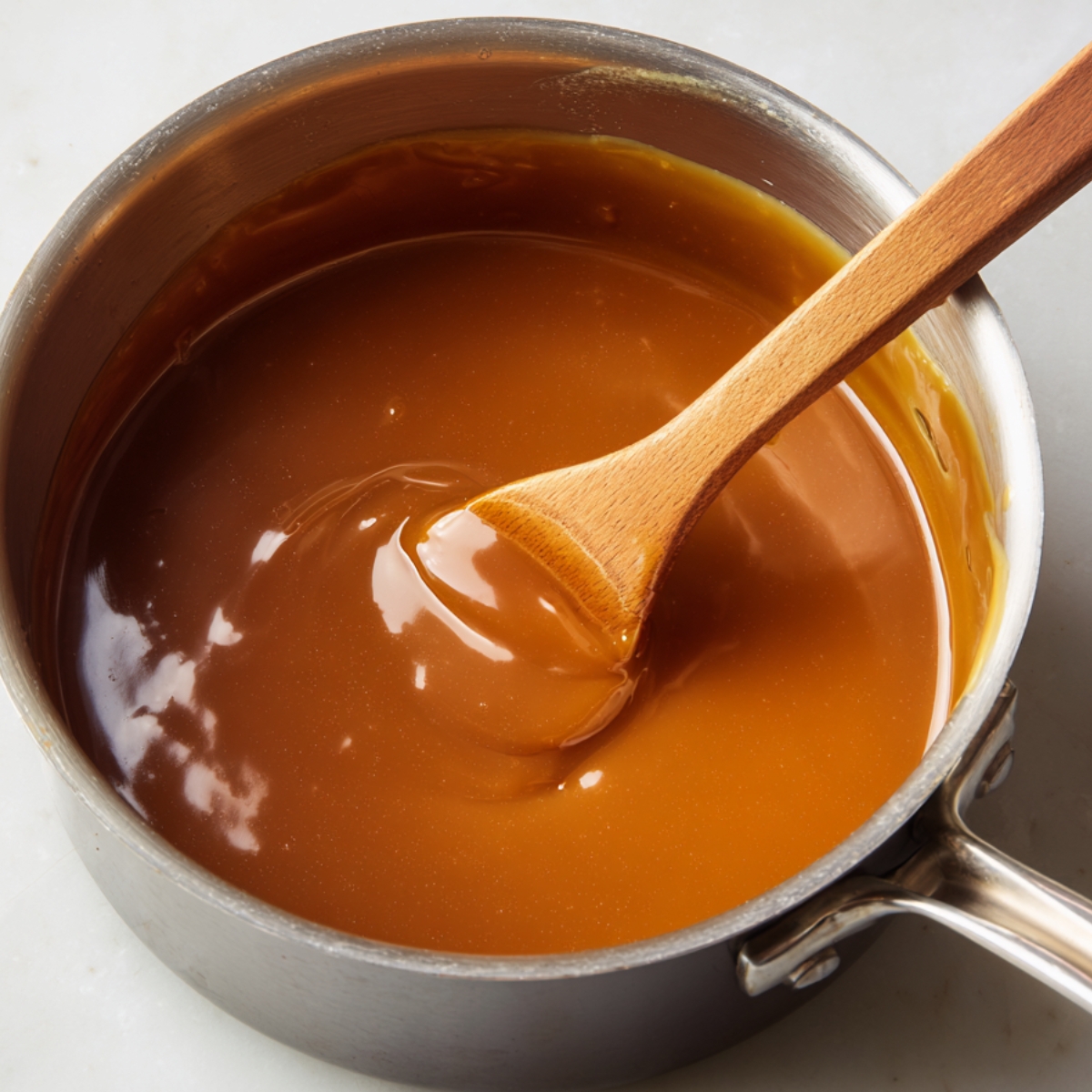 A saucepan containing melted caramel, with a wooden spoon stirring the smooth mixture.
