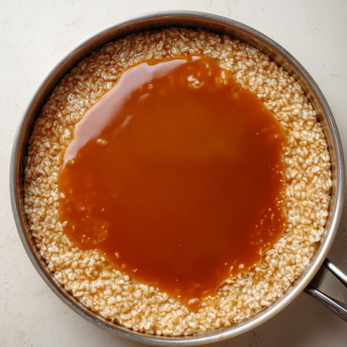 A saucepan with Rice Krispies cereal and caramel sauce being poured over it, captured before being mixed together.