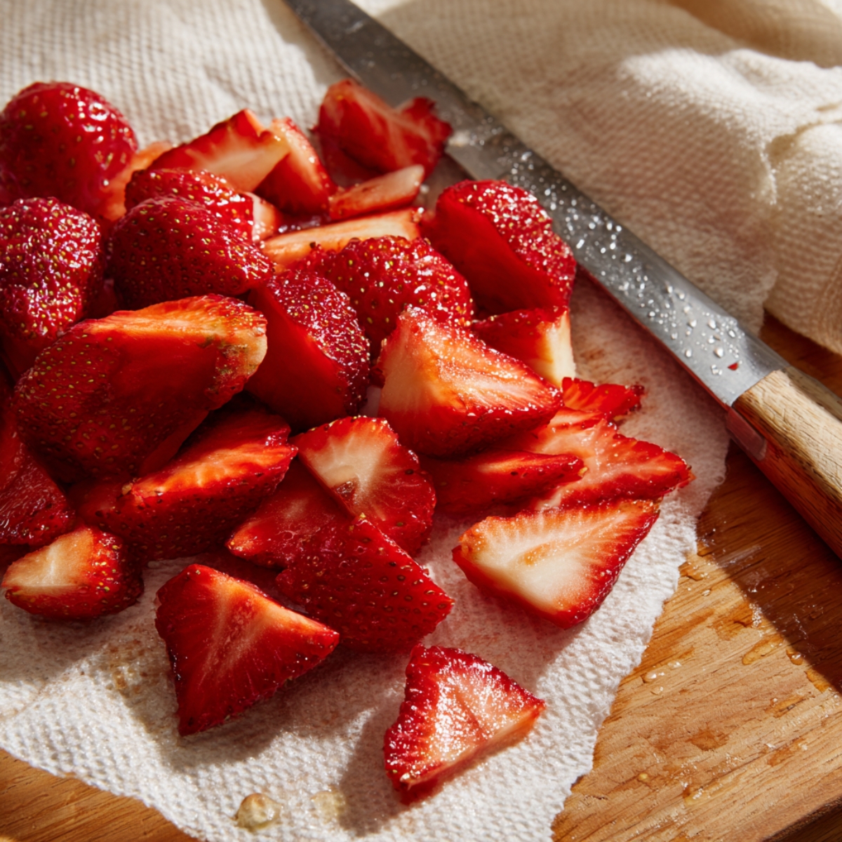 Freshly cut strawberries on a wooden surface, resting on a white cloth, with a knife nearby — glistening with moisture under natural light.