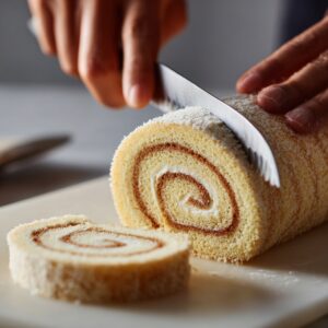A close-up of a person slicing a light, golden Swiss roll cake with a serrated knife, showing the spiral layers of sponge cake and cream filling dusted lightly with powdered sugar.