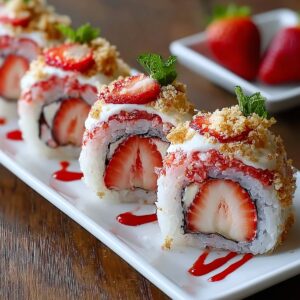 Close-up of strawberry dessert sushi rolls with cream and crumbs on top, drizzled with syrup and garnished with mint, with a fresh strawberry placed beside the rolls on the plate.