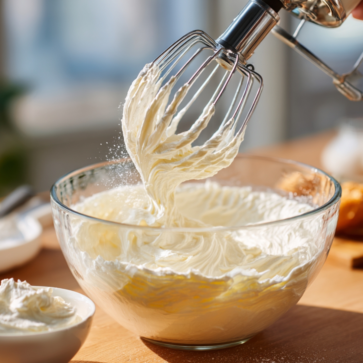 A bowl of whipped cream being prepared with a hand mixer, the whisk lifted to show soft, fluffy peaks; sunlight brightens the creamy texture on a wooden kitchen counter.