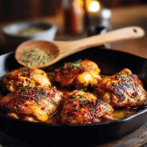 Golden-brown pan-seared chicken thighs cooking in a cast iron skillet, seasoned with herbs and spices.