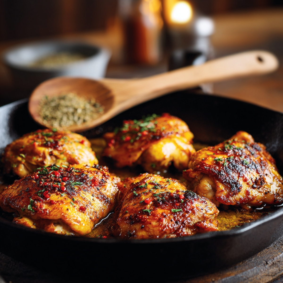 Golden-brown pan-seared chicken thighs cooking in a cast iron skillet, seasoned with herbs and spices.
