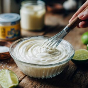 A hand whisking creamy white sauce in a glass bowl on a wooden table surrounded by limes, salt, and jars of mayonnaise.