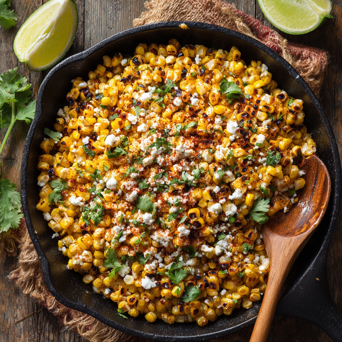 A cast iron skillet filled with charred corn topped with crumbled cheese, chopped cilantro, and chili powder, served with lime wedges.