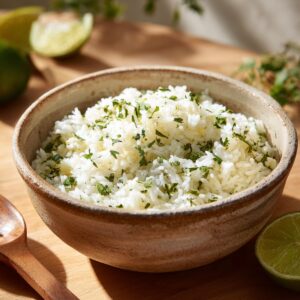 A ceramic bowl of fluffy white rice garnished with chopped cilantro and lime wedges on a wooden table.
