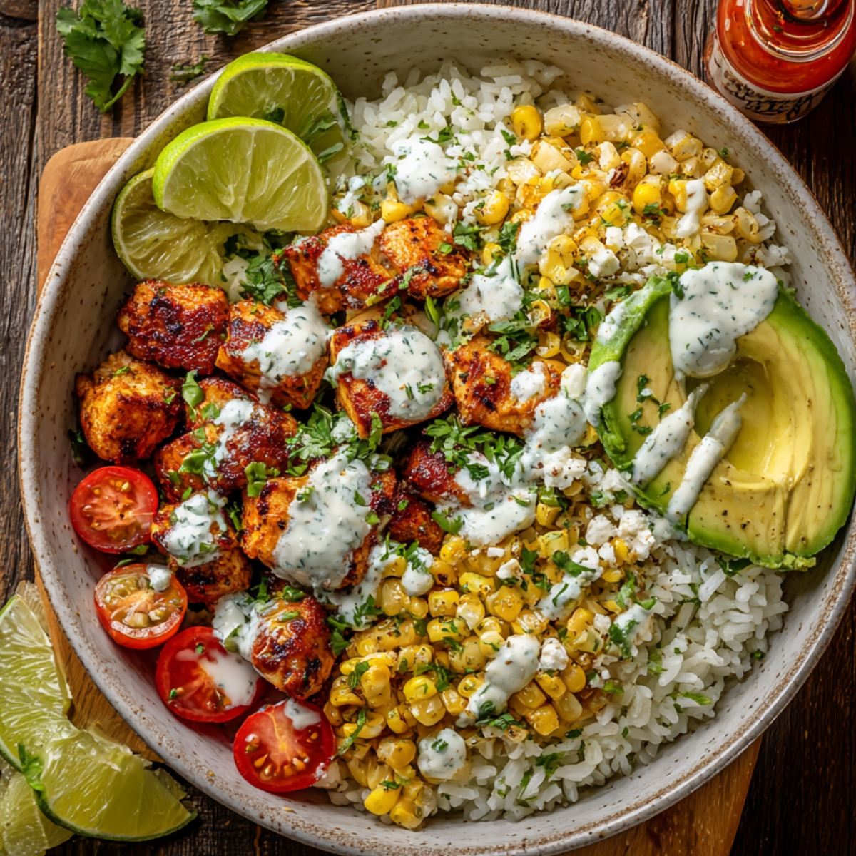 A Street Corn Chicken Rice Bowl with grilled chicken, roasted corn, avocado, lime wedge, and cilantro over white rice, drizzled with creamy sauce.