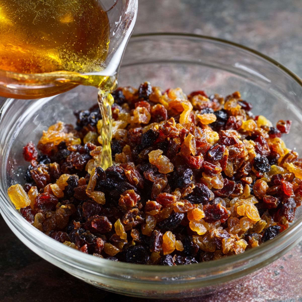 A bowl of mixed dried fruits and raisins being soaked with melted butter or rum poured over them.