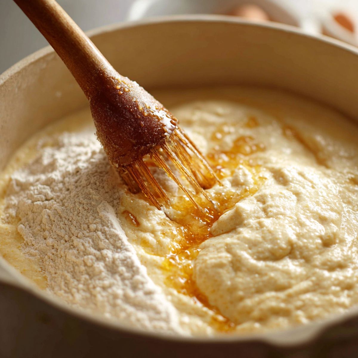 Mixing dough ingredients in a bowl — flour, butter, and golden syrup or honey being combined.