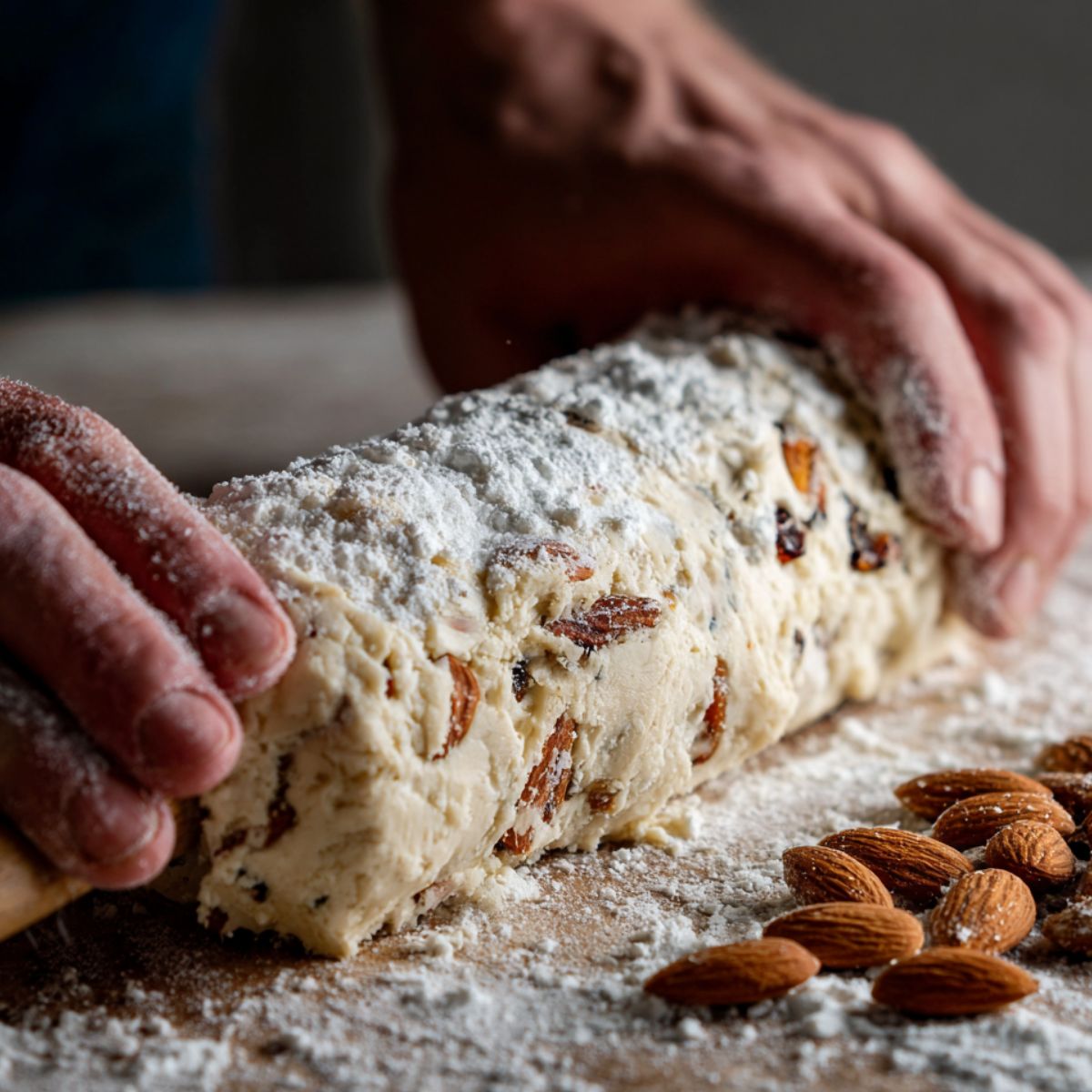 Hands shaping a dough log filled with almonds and raisins on a floured surface.