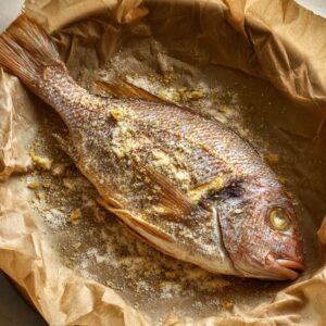 Two whole fish are prepared with seasoning, likely ready for cooking. Garlic, salt, and other seasonings are present, suggesting a well-seasoned preparation for roasting or grilling.