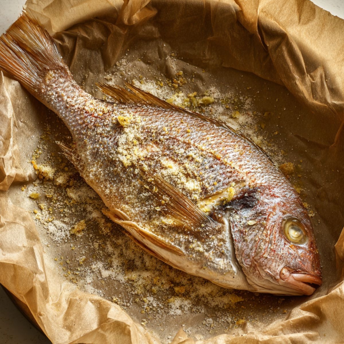Two whole fish are prepared with seasoning, likely ready for cooking. Garlic, salt, and other seasonings are present, suggesting a well-seasoned preparation for roasting or grilling.