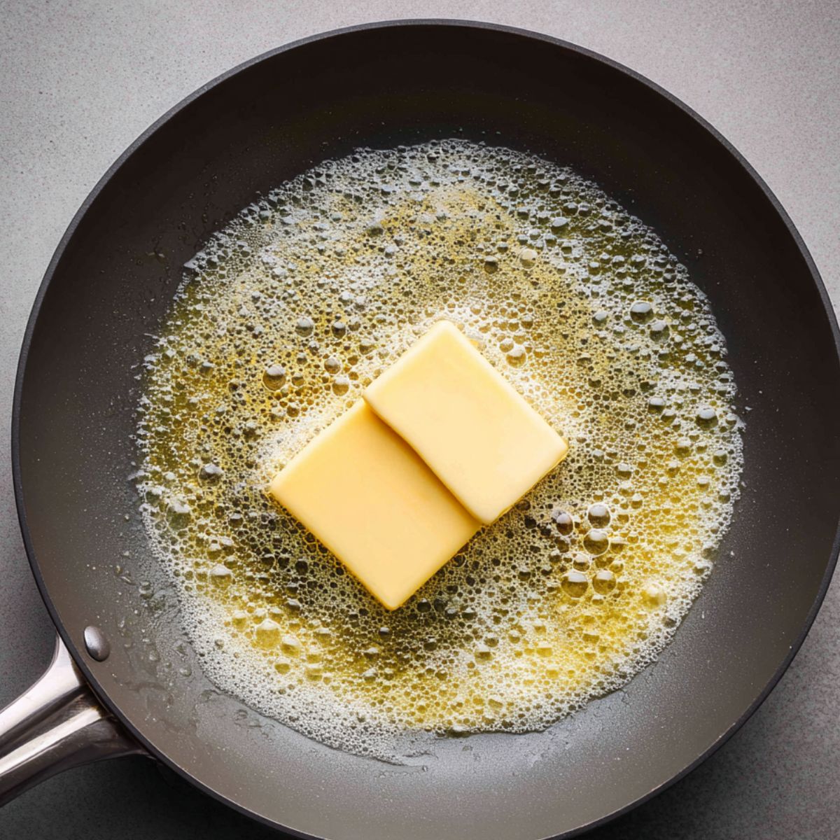 A large cube of butter is placed in a hot skillet, starting to melt and bubble, indicating the preparation of a flavorful cooking base for the fish.