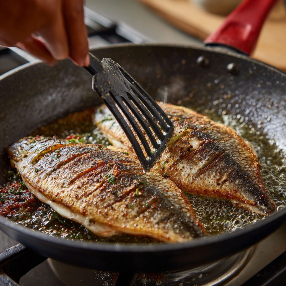 A chef is using a spatula to carefully flip the fish fillet in a hot pan. The fish is being cooked with a golden, crispy surface.