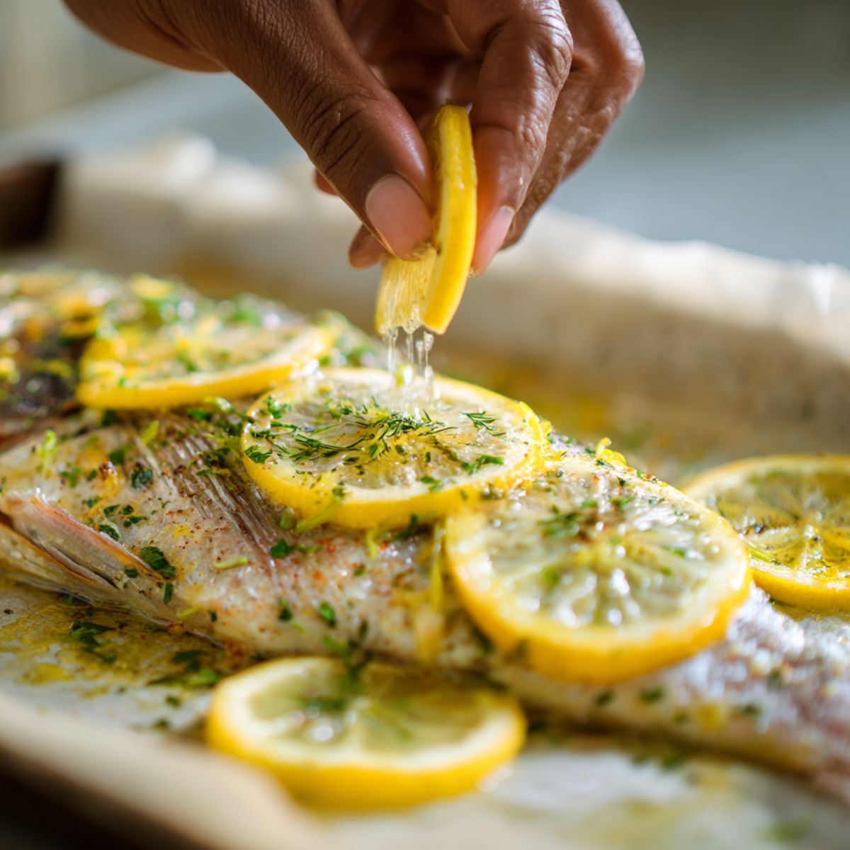 The fish fillets are garnished with lemon slices and sprinkled with herbs, offering a bright and fresh appearance, likely a preparation for a lemony fish dish.
