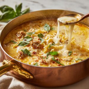 A copper pot filled with creamy lasagna soup topped with melted cheese, sausage, and basil leaves, with a spoon lifting gooey melted cheese.