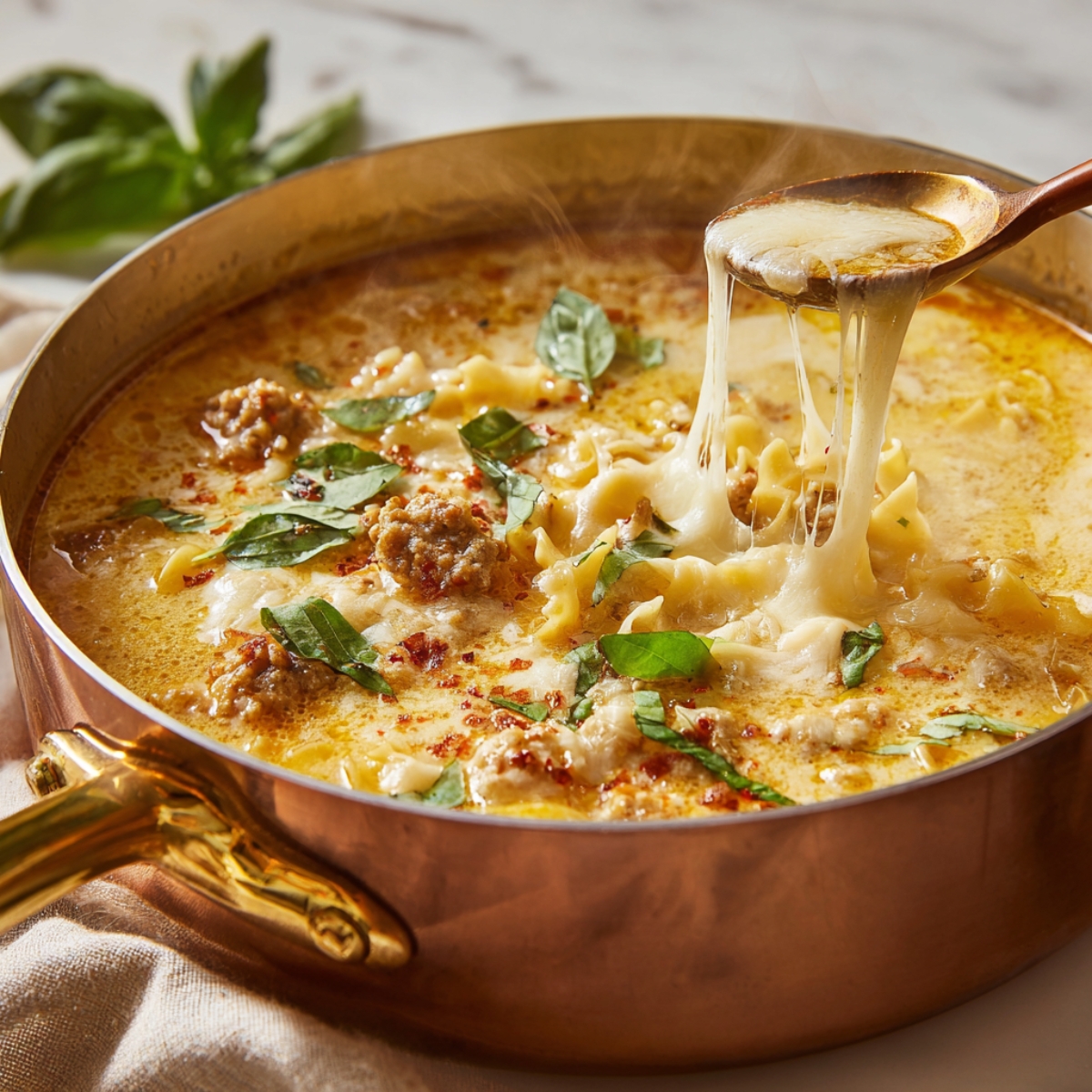 A copper pot filled with creamy lasagna soup topped with melted cheese, sausage, and basil leaves, with a spoon lifting gooey melted cheese.