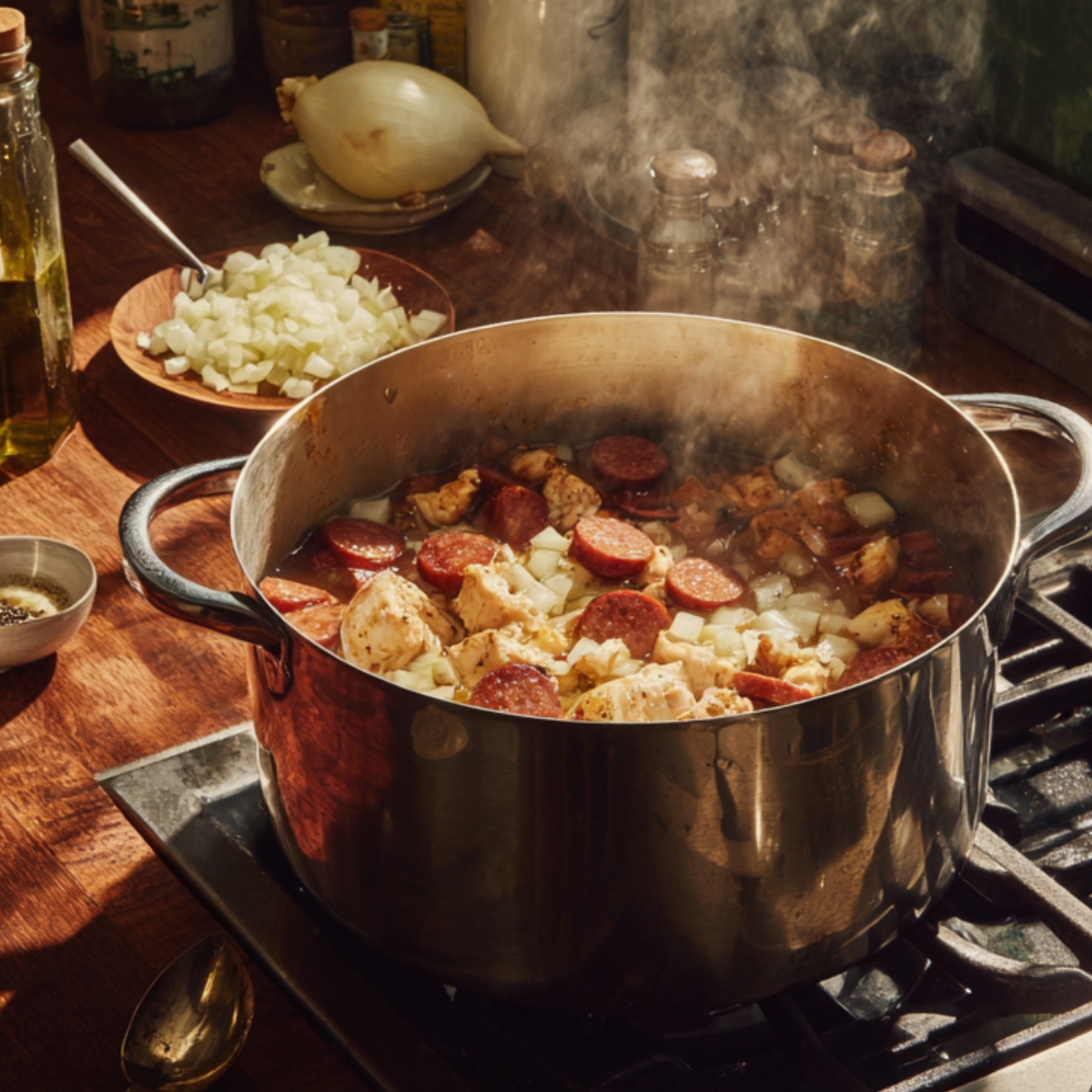A rustic kitchen countertop with a large pot cooking sausage, onions, and seasonings for soup, surrounded by bowls of spices, olive oil, and chopped vegetables.